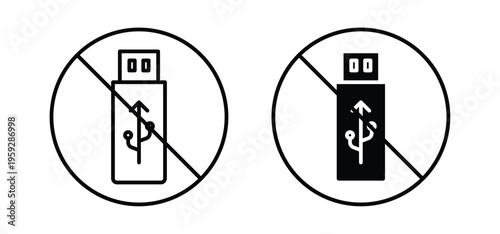 No USB flash drive signs. black and white line icons pack.