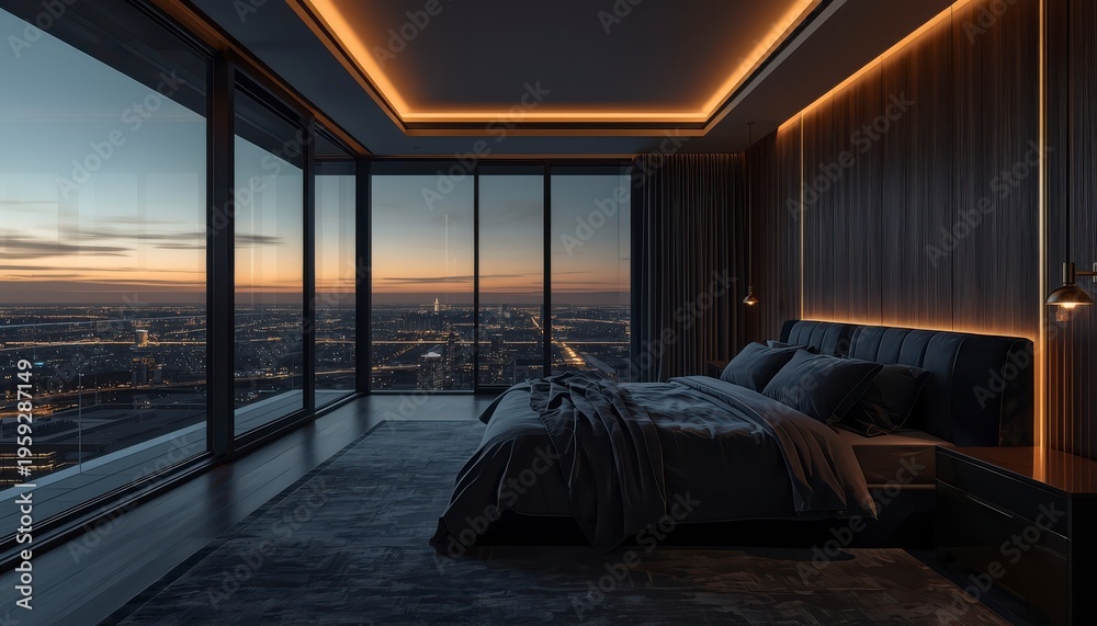Naklejka premium Luxurious penthouse master bedroom with panoramic city skyline view at sunset