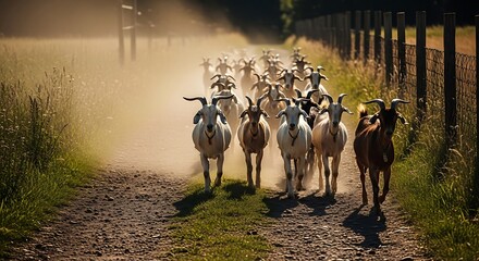 Dynamic photos capturing an energetic herd of goats kicking up dust on a rural farm path during a golden hour sunset