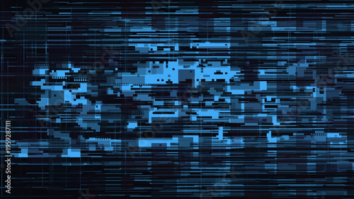 Abstract blue glitch background vector with dense scanlines, fragmented pixel blocks, and digital interference on a dark field, ideal for cyber technology banners, stream covers, posters, and UI layou