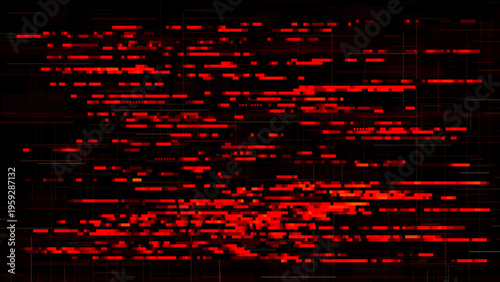 Intense red glitch background vector with fragmented horizontal lines, bright pixel artifacts, and heavy signal distortion over black, tailored for alert visuals, esports graphics, music covers, and d