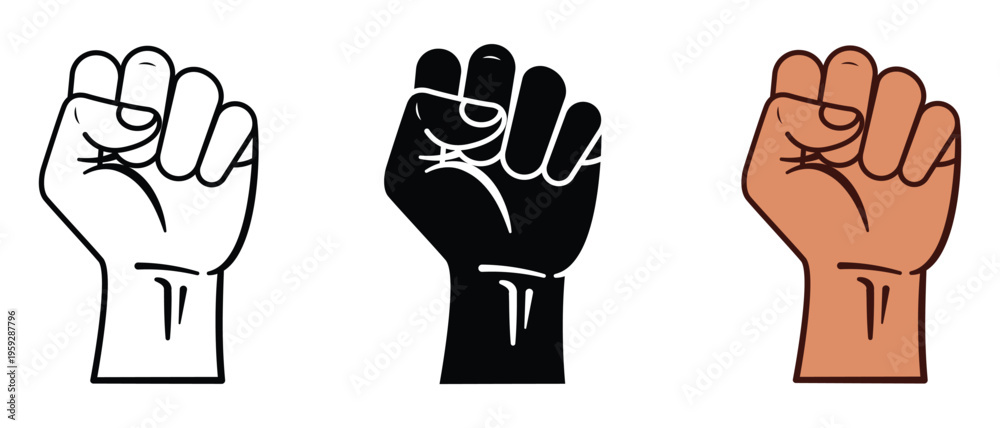 Fototapeta premium Raised fist icon set in outline, solid, and color styles symbolizing protest and power