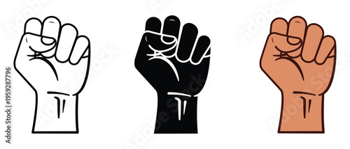 Raised fist icon set in outline, solid, and color styles symbolizing protest and power