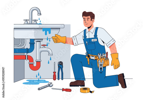Professional plumber fixing a leaky sink with tools and water dripping from pipes