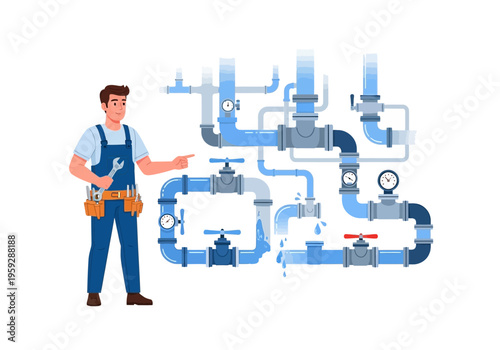 Professional plumber inspecting complex pipe system with water leaks and gauges