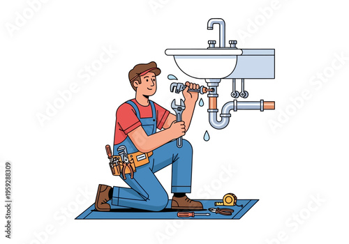 A plumber repairing a leaking sink with tools and a measuring tape on the floor