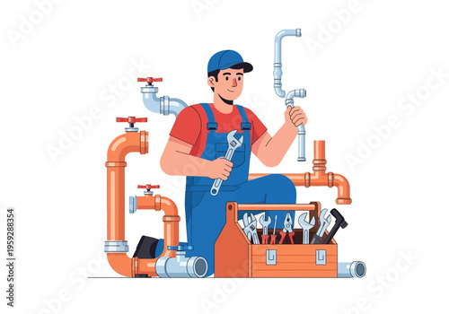 Professional plumber at work fixing pipes with a toolbox and tools, illustration