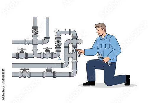 Plumber fixing leaky pipes and valves in a system of pipes with water dripping