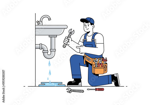 Professional plumber kneeling to fix a leaking sink with tools in a belt and a wrench in hand