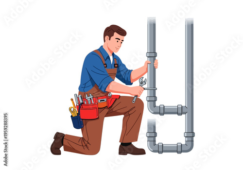 Skilled plumber in blue overalls fixing pipes with a wrench, illustration