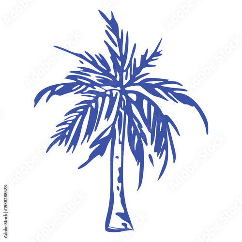 Hand-drawn tropical palm in trendy dolce vita style. Minimalist Mediterranean summer illustration with  blue outlinу. Seaside vibes, vacation mood and coastal aesthetics. Modern doodle vector isolated