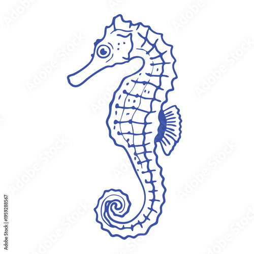 Hand-drawn sea ​​horse in trendy dolce vita style. Minimalist Mediterranean summer illustration with  blue outlinу. Seaside vibes, vacation mood and coastal aesthetics. Modern doodle vector isolated