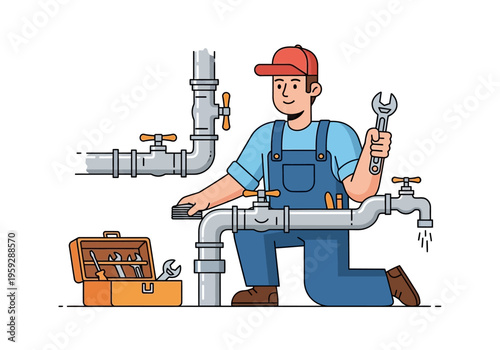 A cartoon plumber in blue overalls and a red cap fixing pipes with a wrench, a toolbox nearby