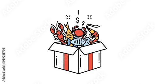 Seafood Box with Money Symbols - Fresh Catch Delivery and Savings Concept