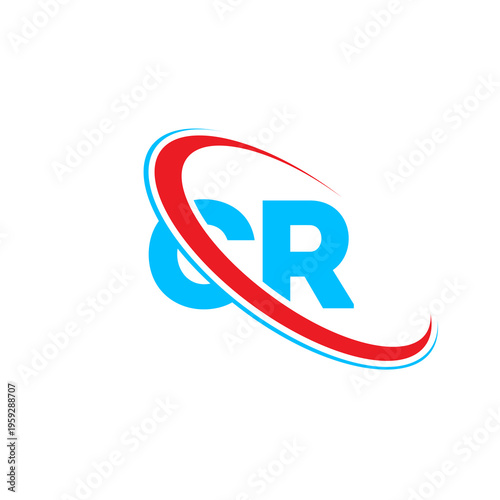 Modern CR initials logotype template featuring bold blue sans serif text and energetic orbital swooshes for professional corporate identity and brand recognition across digital platforms