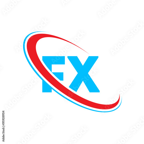 Sleek fx letter logo with blue characters and a red motion swoosh border. Versatile branding element for financial exchange services or digital technology providers looking for a clean emblem.