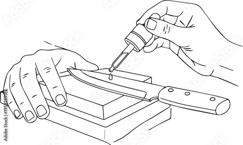 Sharpening, knife, hands, whetstone, vector illustration, line art, DIY, tool, sharpening stone
