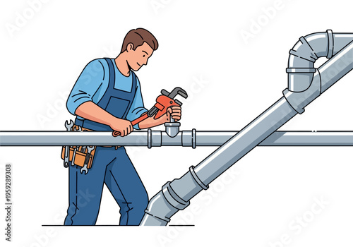Plumber fixing pipes with wrench, skilled worker in overalls, detailed illustration of plumbing system repair and maintenance