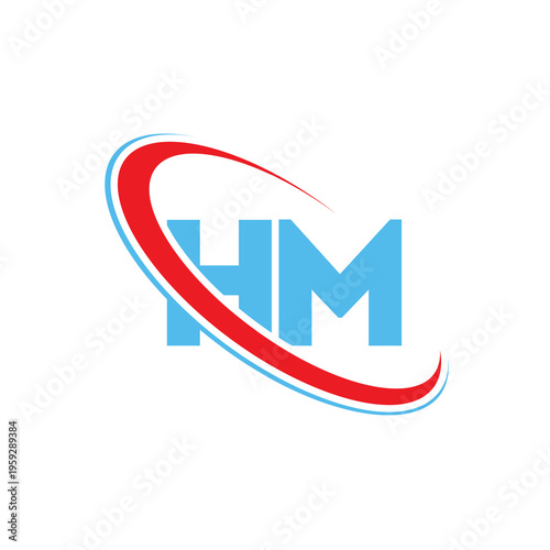 Professional hm letter logo template featuring dynamic circular orbit elements. Minimalist corporate branding identity vector. Modern typography combined with colorful geometric shapes design.
