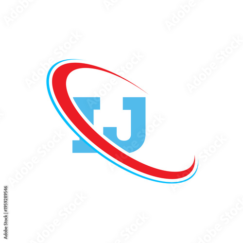 Free Download Creative IJ letter logo design featuring blue characters with red and light blue circular orbit lines on clean white background suitable for logistics and technology company branding - GFXLoad