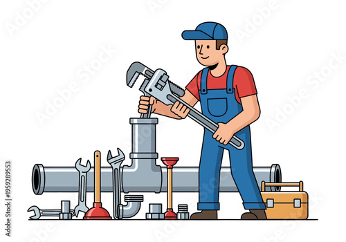 Plumber working with pipes and tools, illustration for plumbing services and home repair
