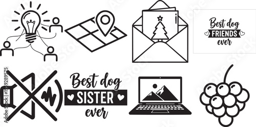 Black and white vector icons and phrases on including dog, laptop, and friendship