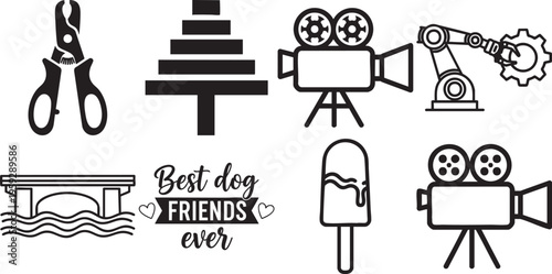 Black and white vector icons for film, food, friendship, and objects