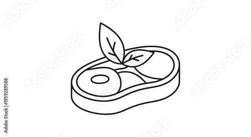 Raw Meat Steak with Basil Leaves, Healthy Food Concept, Line Art Icon