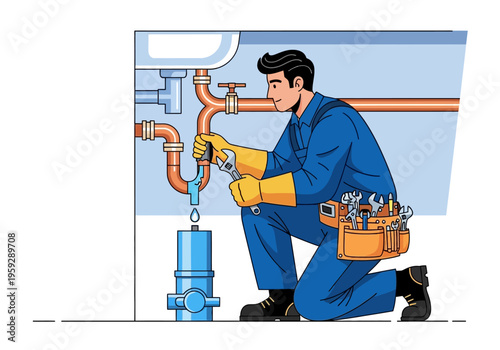 Professional plumber with wrench working on sink pipes in a blue jumpsuit and tool belt