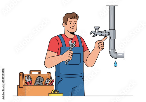 Plumber Fixing a Leaky Pipe with Tools and Toolbox Illustration