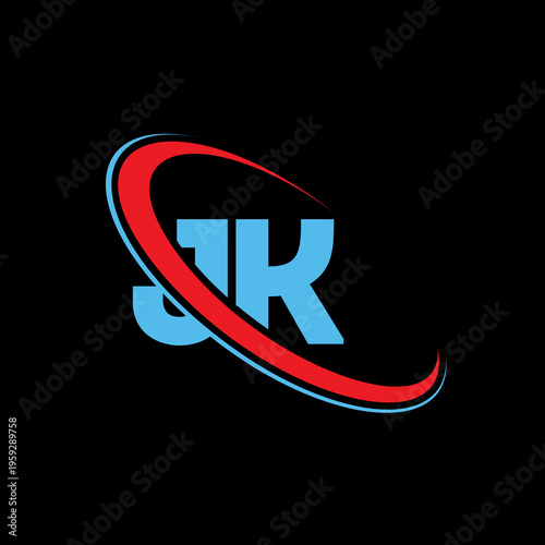 Professional jk letter logo vector with bold blue font and striking red circular path on black background. Versatile design element for tech firms and creative consulting agencies.