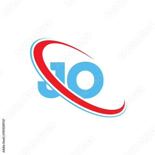 Bold jo letter logo vector featuring bright blue typography. Dynamic red and blue arched lines create sense of speed and progress. Clean minimalist design suitable for various company industries.
