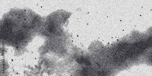 Abstract monochrome cloudy texture with scattered dark spots and a fine grainy noise overlay, creating an atmospheric and artistic visual effect