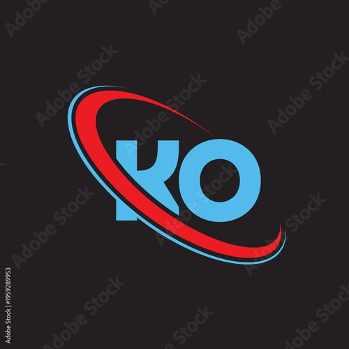 Business ko logo, light blue letters, abstract red and blue swirling oval, modern graphic design, company identity, professional branding, black background