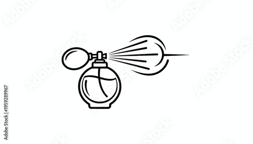 Perfume bottle spraying fragrance, vintage style, isolated on white background, elegant design