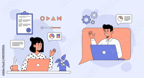 Two people communicate remotely using laptops in an office setting with conversation bubbles