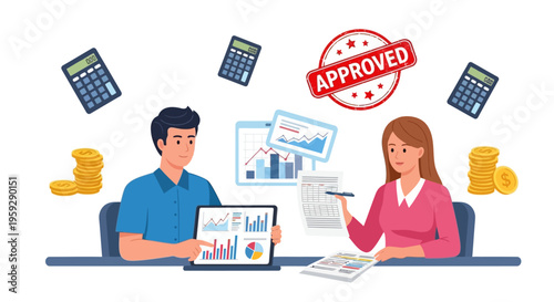 Two people discussing finance data with calculators and documents on a table