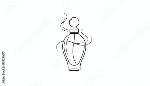 Perfume bottle with elegant swirls and aroma lines, minimalist line art