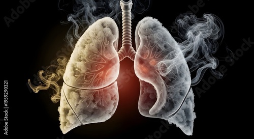 Smoking lungs with smoke and red inflammation