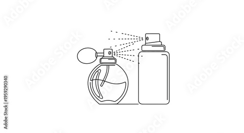 Perfume Bottles Spraying Fragrance, Vintage and Modern Styles, Line Art Icon