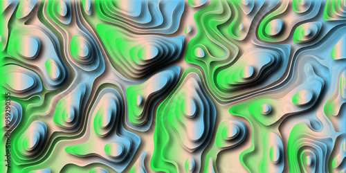 Abstract topographic map with flowing contours and gradient colors of green blue and beige creating a sense of depth and organic form Keywords: abstract, topography, contour, map, gradient, color