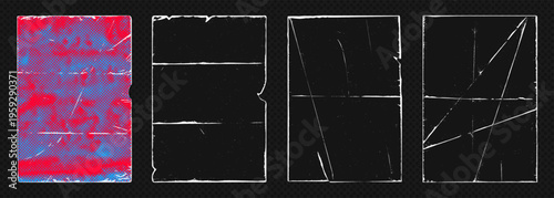 Vintage paper fold frame overlay old worn edge grunge texture collection. Perfect overlay set for retro album cover, old vinyl records, distressed poster design with authentic aged effect.