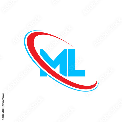 Professional ml alphabet logo template featuring bold blue typography and dual color orbital swoosh element on white background for versatile corporate branding and marketing identity design