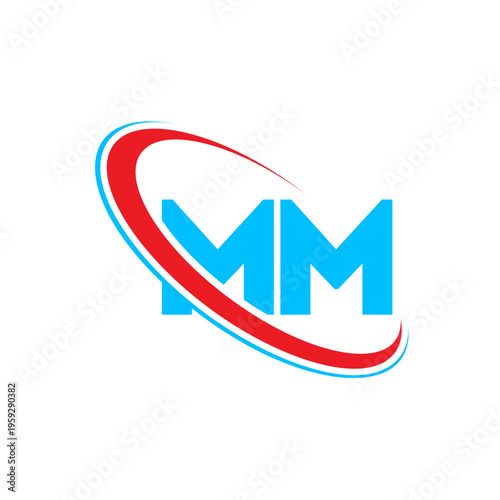 Double m initial logo design featuring bold blue letters enclosed in dynamic red and cyan circular swoosh graphic perfect for modern technology companies and creative agency brand identity