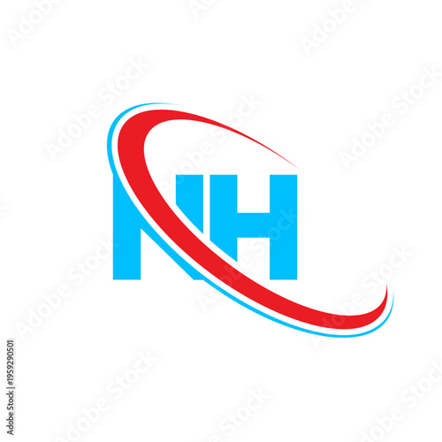 Professional NH letter logo featuring dynamic red and blue curved swoosh shapes on white background. Clean typography design for startup companies and creative agency branding identity needs.