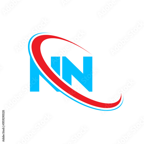 Double n letter monogram incorporating a vibrant red and blue curved line. Sleek contemporary design suitable for technology firms and startup companies seeking a fresh visual representation.