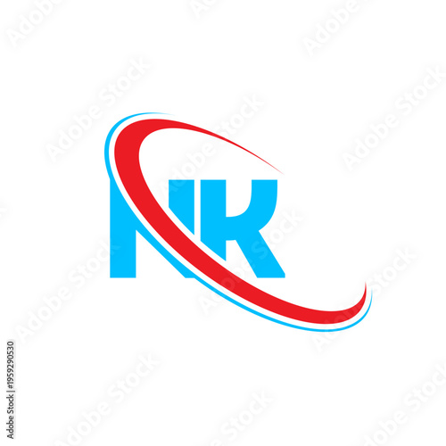 Clean NK letter logo integrated with red and blue dynamic swoosh curves. Modern typographic solution for technology firms and professional services requiring a strong visual brand identity.