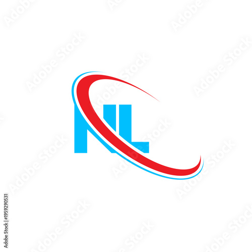 Professional NL letter logo with stylish red and blue swoosh elements. Modern typography design perfect for corporate branding and small business startups seeking a clean professional image.