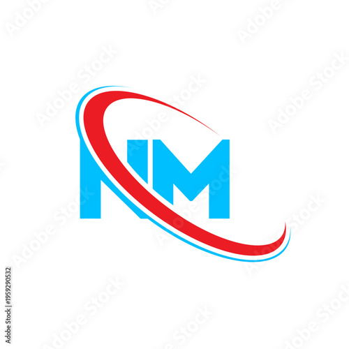 Minimalist nm letter logo featuring a dynamic arc design. Professional typography combined with abstract orbital shapes representing progress and speed in a clean modern vector graphic format.
