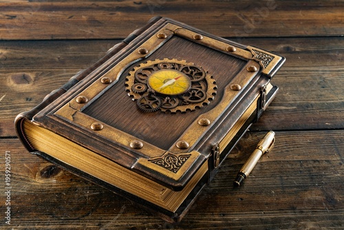 Old leahter book with gears and compass in the center of wooden cover